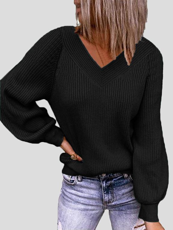 Women's Sweaters Solid V-Neck Pullover Long Sleeve Sweater - LuckyFash™