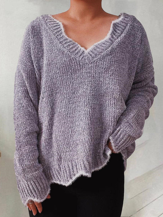 Sweaters Solid Wavy Neck Long Sleeve Sweater - LuckyFash™