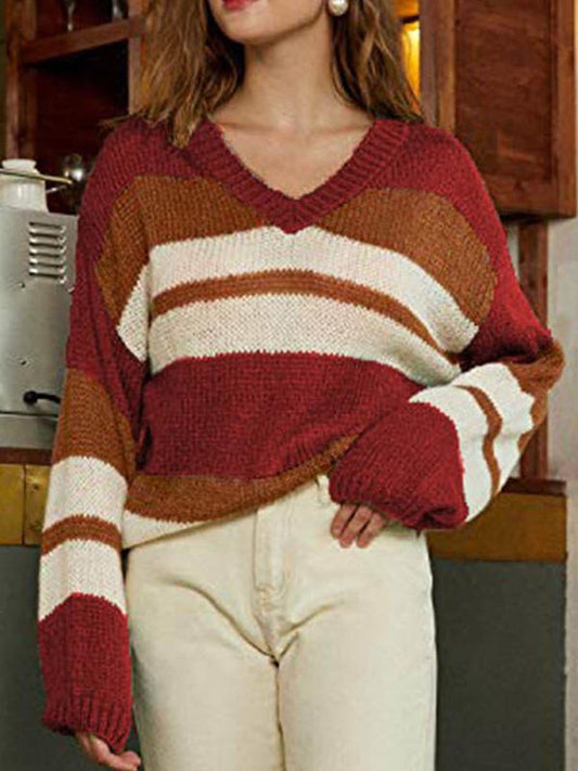 Women's Sweaters V-Neck Color-Block Long Sleeve Knitted Sweater - LuckyFash™