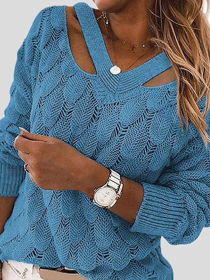 Women's Sweaters V-Neck Hollow Long Sleeve Knitted Sweater - LuckyFash™