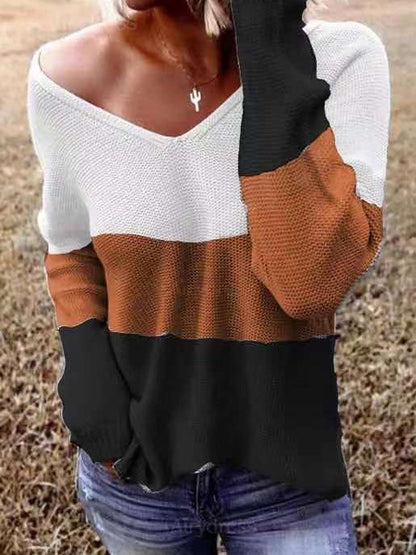 Women's Sweaters V-Neck Long Sleeve Striped Knitted Sweater - LuckyFash™