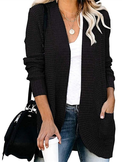 Women's Cardigan Pocket Knitted Solid Color Basic Casual Chunky Long Sleeve Loose Sweater Cardigans Open Front Fall Winter Beige - LuckyFash™